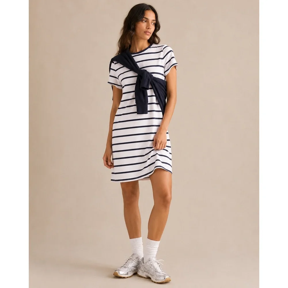Athleta Womens Striped T-Shirt Dress Navy Blue White Short Sleeve Crew Neck M